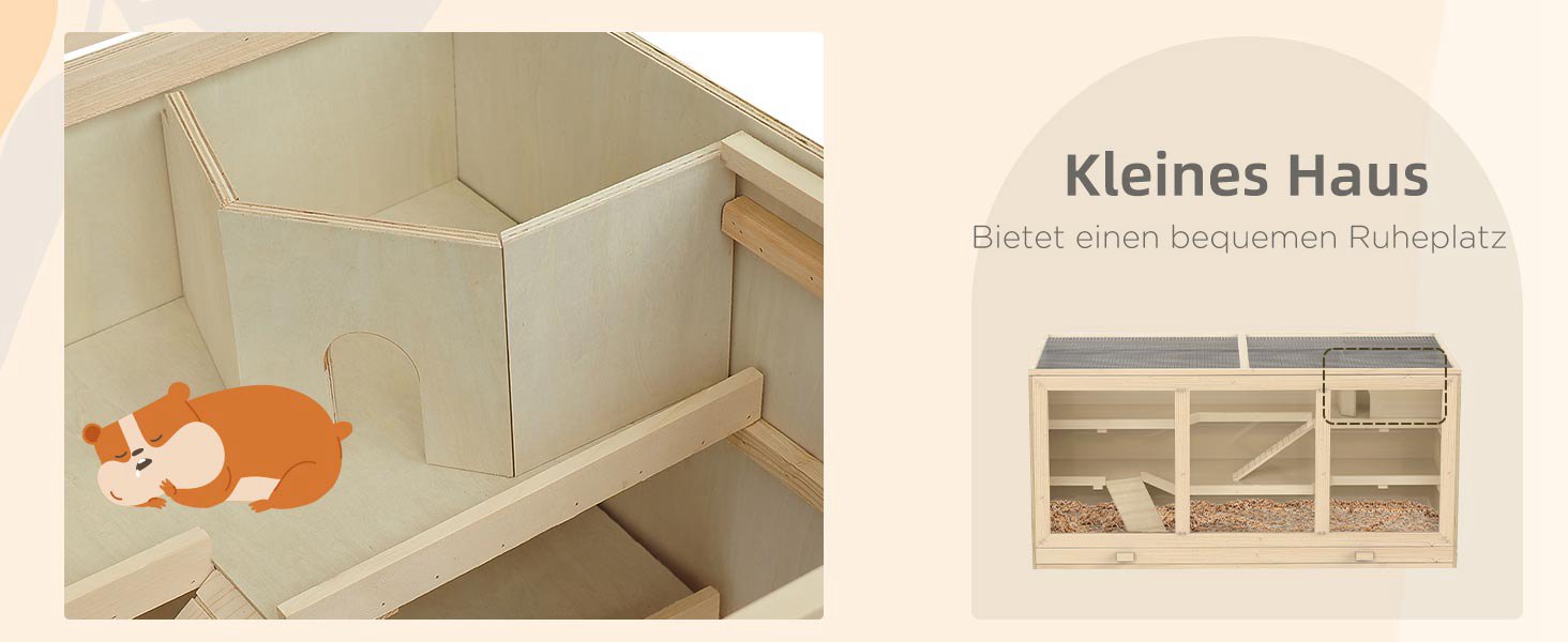 Клітка для тварин PawHut, клітка для гризунів з рампою та гойданням, верхня кришка відкривається, знімна піддон, дерево сосна та PS пластик, 115 x 60 x 55 см