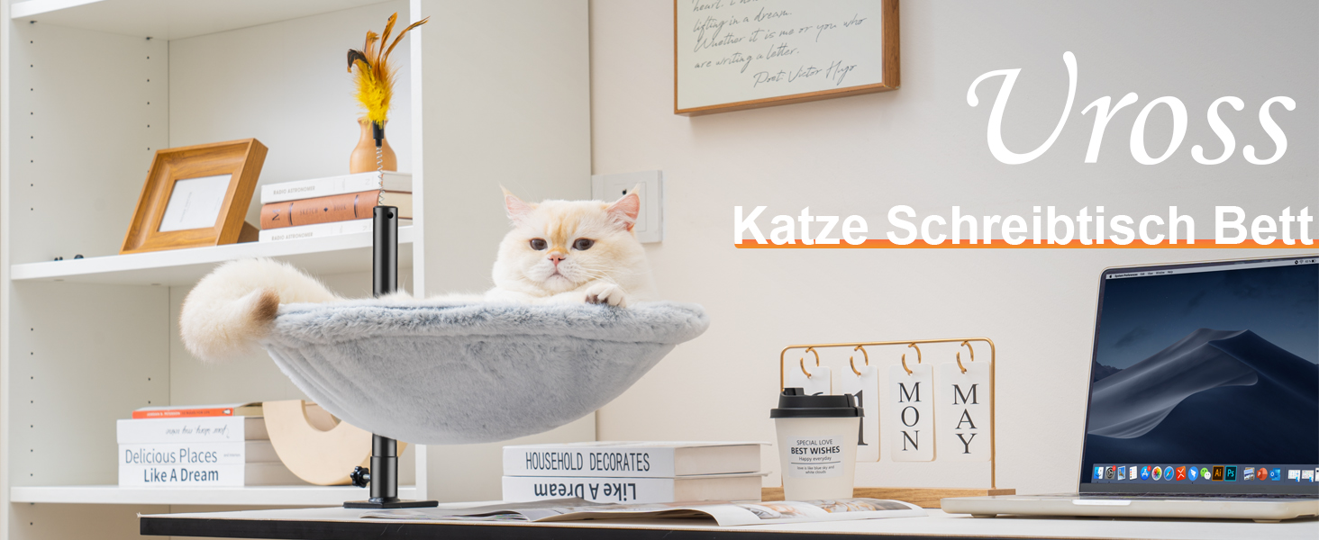 Крісло-лежанка для кота Uross на стіл - 360° обертання та регулювання висоти, м'яка гамачок для котів з 2 знімними чохлами, місце для сну для дому/офісу - для цілорічного використання (двошарове, сіре)