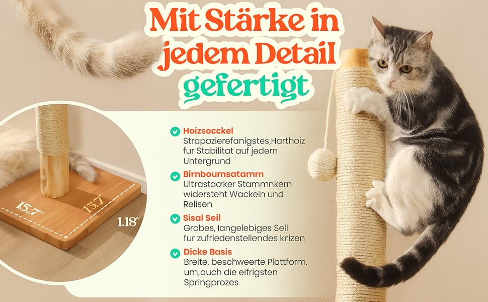 Преміум кігтеточка для котів 89 см - з натурального березового дерева, сизалевого мотузка, дерев'яної основи з березовим шпону, ідеальна для великих котів, безкоштовний запасний мотузок