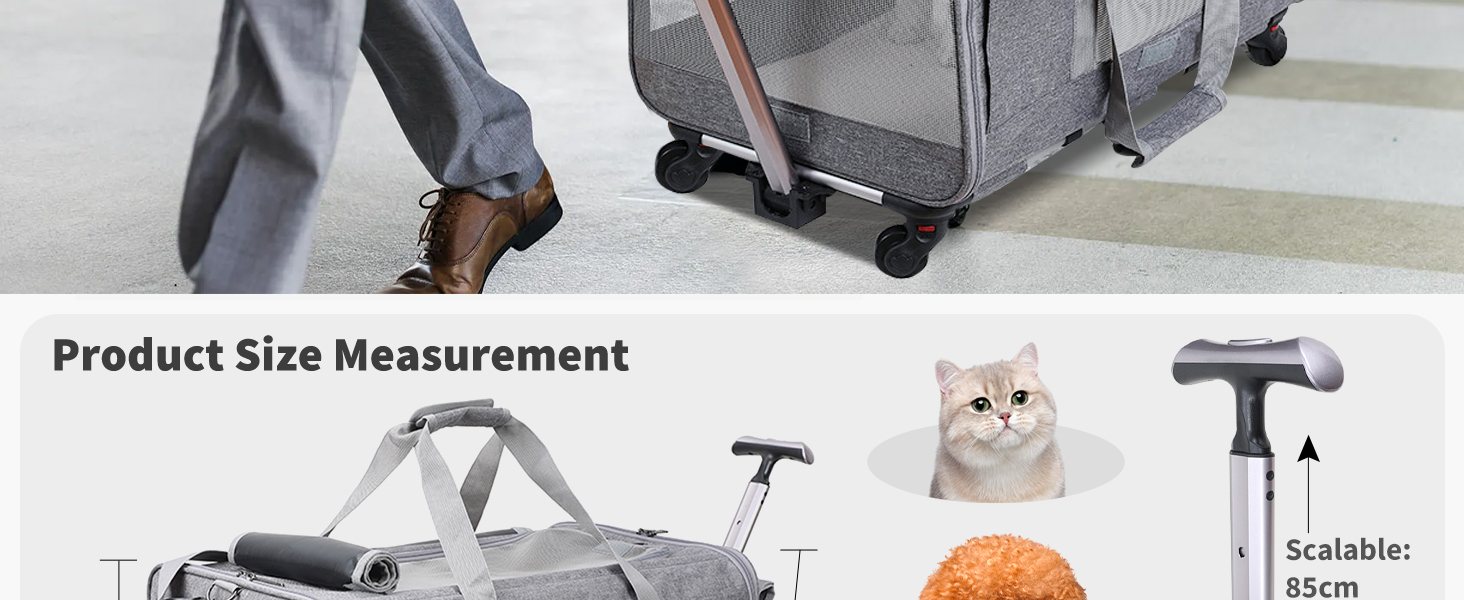 Транспортна сумка для котів PETCUTE з колесами, дихаюча переноска для 2 котів, складана переноска для собак з телескопічною ручкою, знімний килимок, ідеальна для подорожей, темно-сіра