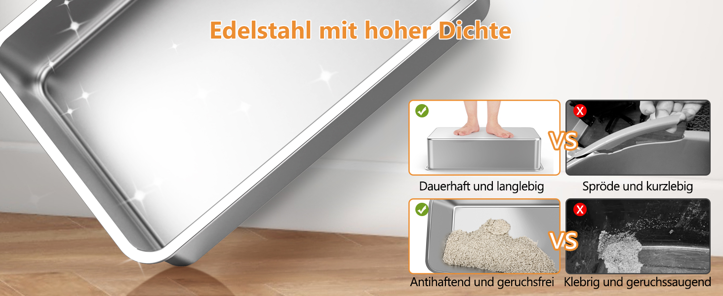 FURTIME Лоток для котів з нержавіючої сталі XXL, 42л, великий об'єм, антивитік, з металевою лопаткою, 60x40x36 см (Сріблясто-сірий)