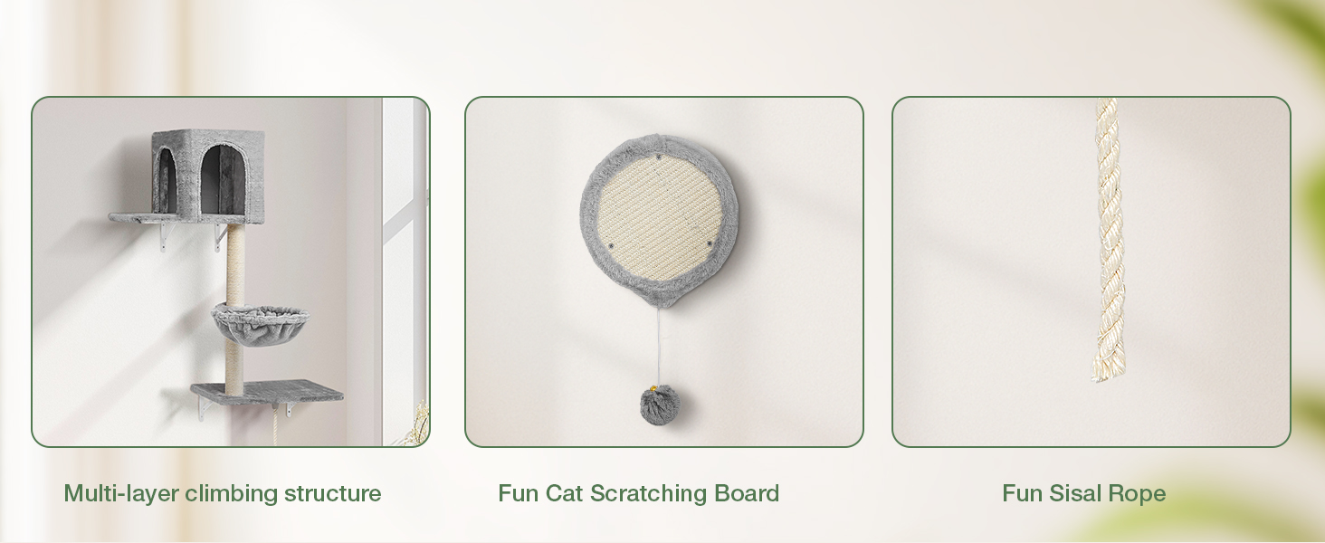 Комплекс для котів BYBYME з гамаком, ліжком та високими полицями, 6 предметів. Міцний, з плюшем, сизалевим покриттям та крізьовим покриттям. Для кількох котів. (Світло-сірий)