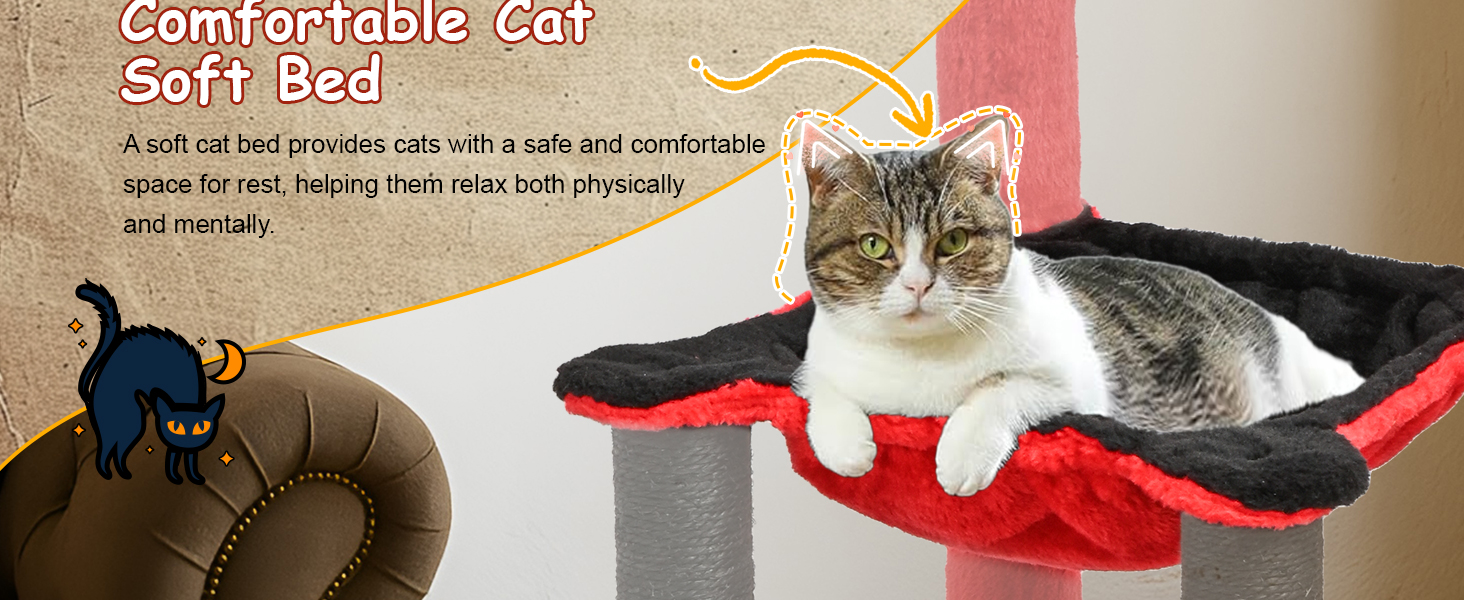 Драбинка для котів BYBYME у готичному стилі на Halloween, 168 см, стійкий комплект котячих меблів з ліжком, будиночком, гамаком та стовпчиками для шліфування кігтів (чорно-червоний), підлоговий