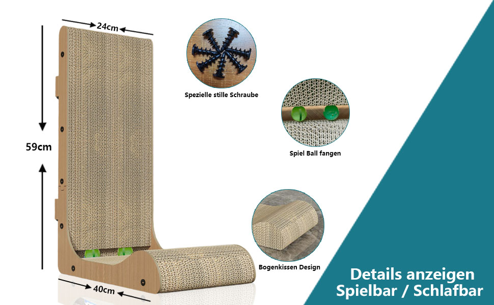 Кігтеточка для котів L-подібної форми, настінний монтаж, 60 см, вертикальна/горизонтальна, з іграшкою-кулькою, економія місця, довговічна конструкція для дому