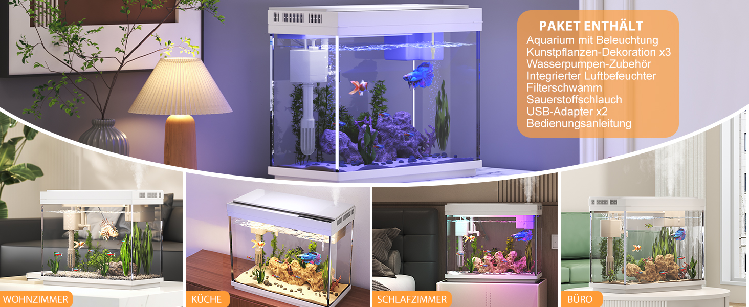 Акваріум Vehipa Nano 9L з підсвічуванням, зволожувачем, фільтром та циркуляцією води (білий)