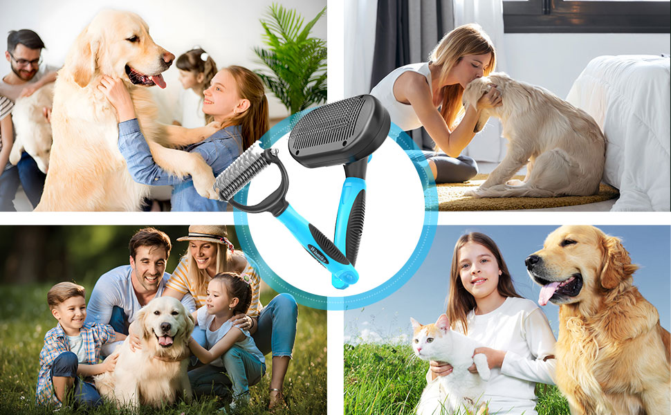 Двостороння щітка для грумінгу собак та котів 2-в-1, видаляє підшерстя, вичісує шерсть, самоочисна, блакитна