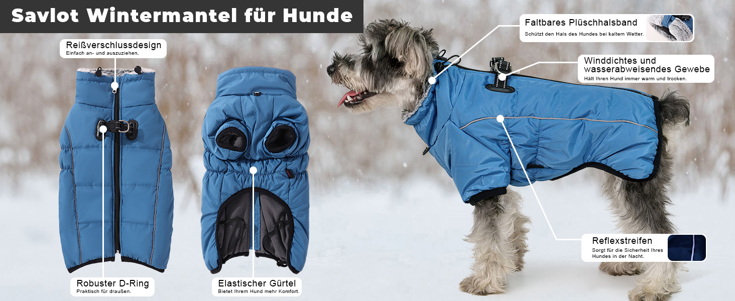Теплий зимовий одяг для собак Savlot: водонепроникна куртка з флісовою підкладкою для малих, середніх та великих собак, XL, блакитна