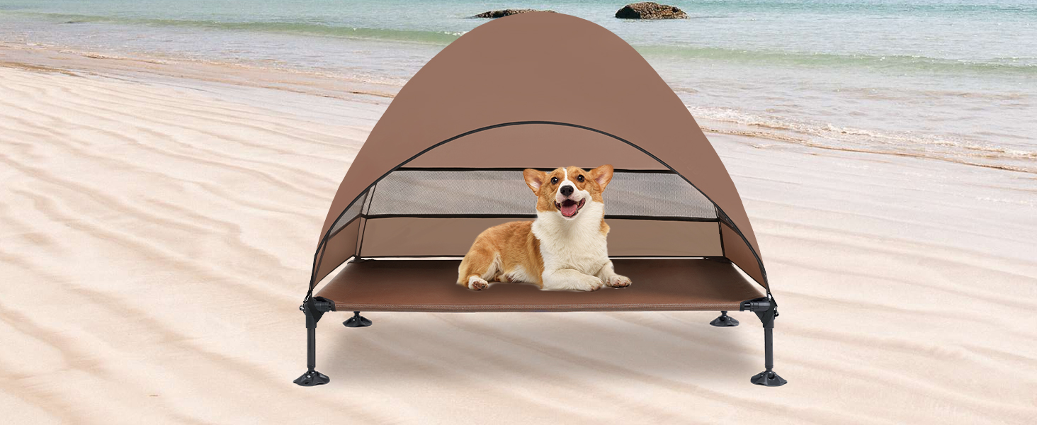 Лежанка для собак Snagle Paw з дахом, піднятий дизайн - стабільне ліжко для собак з антиковзними ніжками, широка тінь - водонепроникна для великих собак, для дому/на вулицю, кемпінг та сад, коричнева, 106 x 84 x 76 см