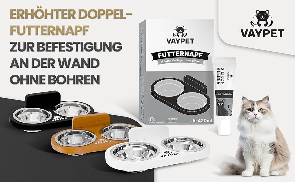 Підвищений годівниця для котів VAYPET® з силіконовим клеєм для кріплення на стіну без свердління. Плавучий годівниця для котів для зручного положення. Надійний годівниця з нержавіючої сталі білого кольору.