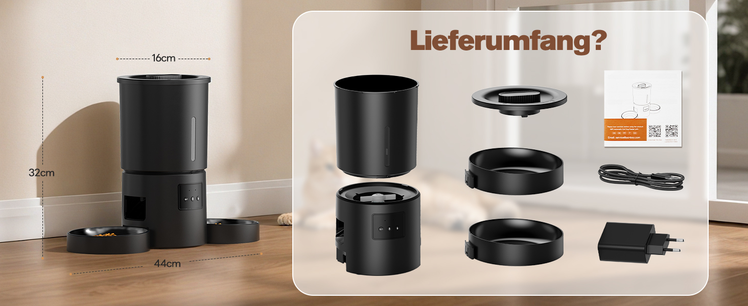 Автоматичний годівниця для котів AONBOY з двома мисками та Wi-Fi: 5L, таймер, для сухого корму, чорна