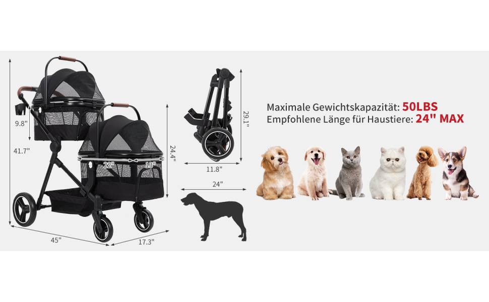 Візок для собак Zstar: двомісний, чорний, складний, з сумками для тварин (до 15 кг кожна)