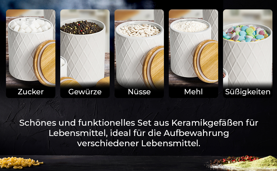 Набір з 3 вазок для зберігання Miamio Palmanova, кераміка з дерев'яним кришкою, білий колір