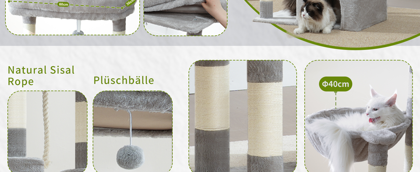 Котячий будиночок Kratzbaum: великий, з гамаком, 2 печери, 15 стовпчиків для дряпання (174см, світло-сірий)