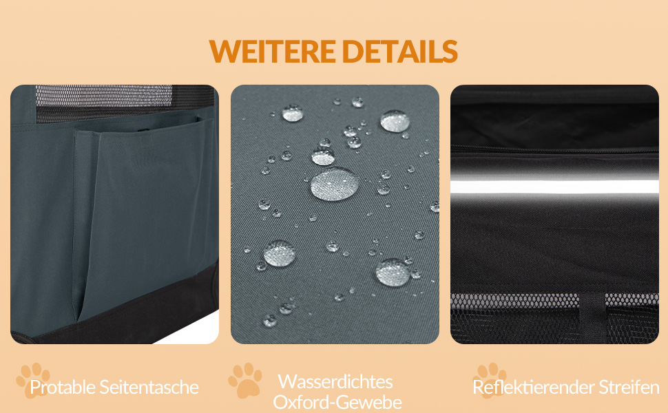 Транспортна переноска для собак Fobyfurny FPDT001OG1, 60x42x42 см, сіра, 60 л, з 3 дверима, дихаюча, з кишенями та світловідбиваючими елементами