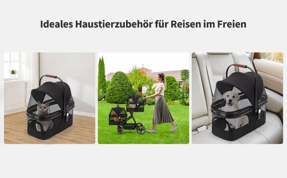 Складаний візок для собак та візок-буги для тварин до 15 кг, розкладний, з поводками безпеки, сітковими віконцями та місцем для зберігання, ідеальний для подорожей та прогулянок (Чорний, Подвійний)