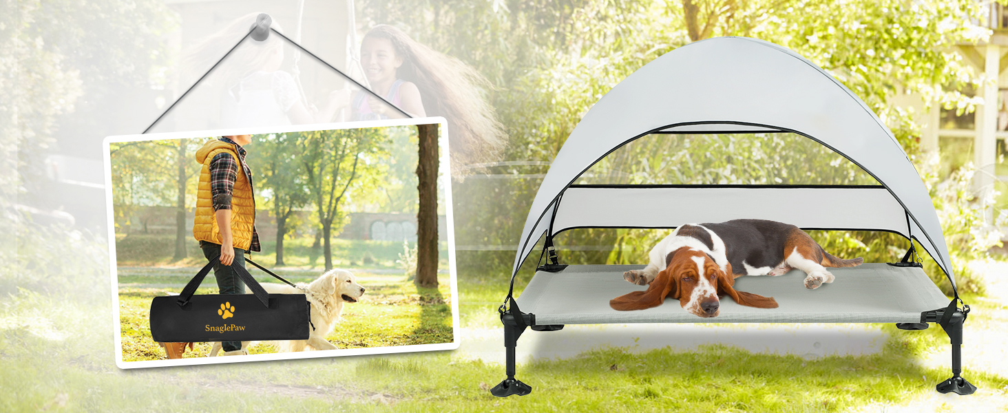 Лежанка для собак Snagle Paw з дахом, підвищене ліжко - стабільне собаче ліжко з антиковзкими ніжками, широка тінь - водонепроникна для великих собак в приміщенні/на вулиці, кемпінг та сад (Сірий, L106 x B76 x H84 см)