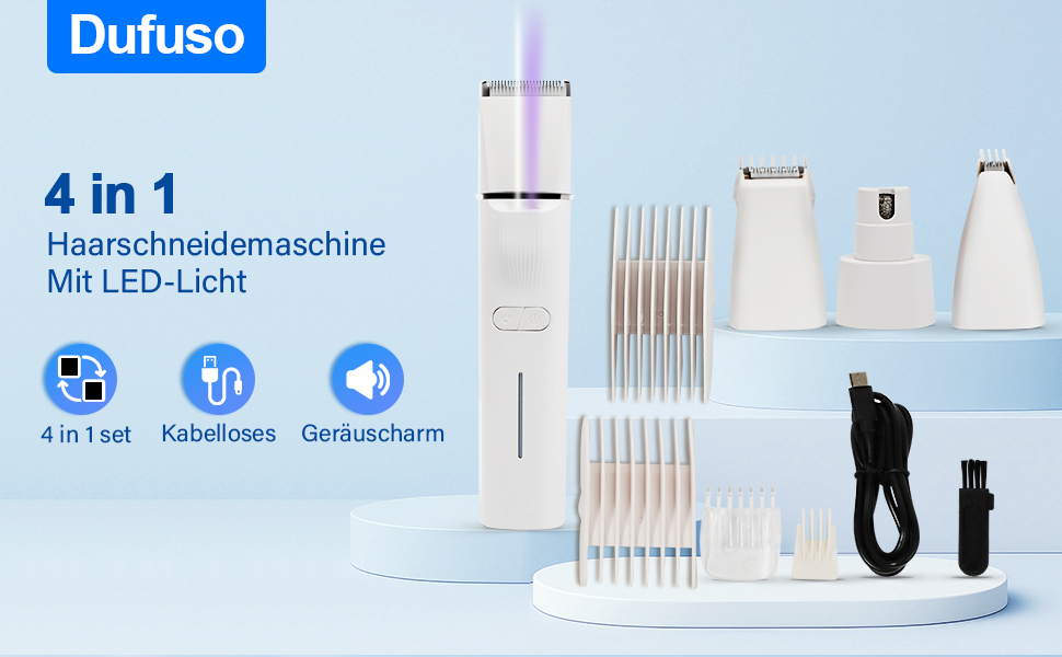 Набір для стрижки котів Dufuso Leise: 4 в 1, LED-підсвітка, професійний триммер для собак та котів, для догляду за лапами, очима, вухами, обличчям та тілом (білий)