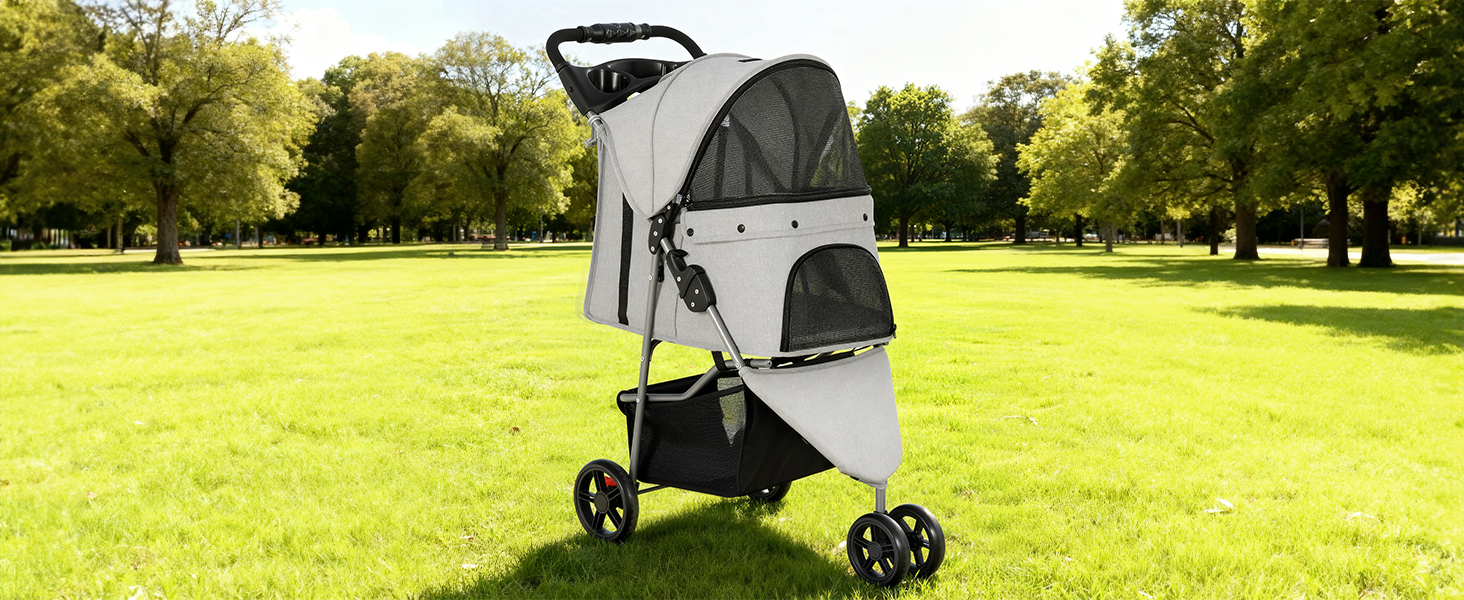 Візок для собак та котів YITAHOME 15 кг, 3 колеса, сітчасте вікно, гальма, міцний, сірий