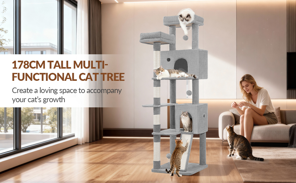 Котячий будиночок Kratzbaum 178 см, великий, сірий. Стабільний з когтеточками, лежаками, платформами та іграшками. FPMS005FG1