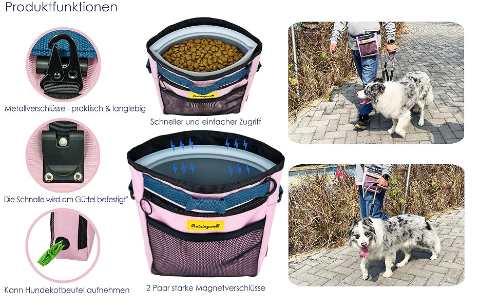 Сумка для ласощів для собак, багатофункціональна сумка для прогулянок з силіконовим кишеньком, мішок для корму для дресирування собак та дозатор ласощів, ідеальна для активного відпочинку на природі (Чорний, 4 відділення)