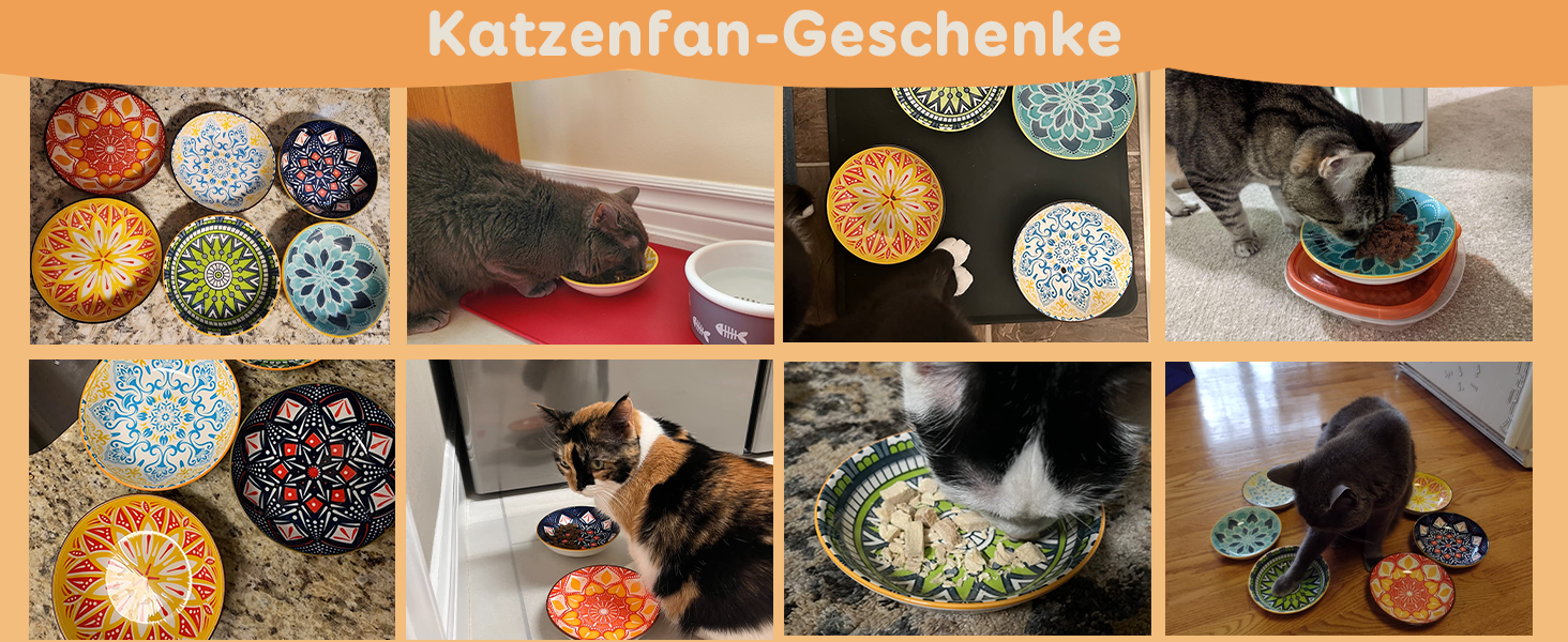 Набори мисок для котів з кераміки Katzennäpfe - 6 шт. - 250 мл - для корму - кольорові - широкі, плоскі, зручні для котів - можна мити в посудомийній машині