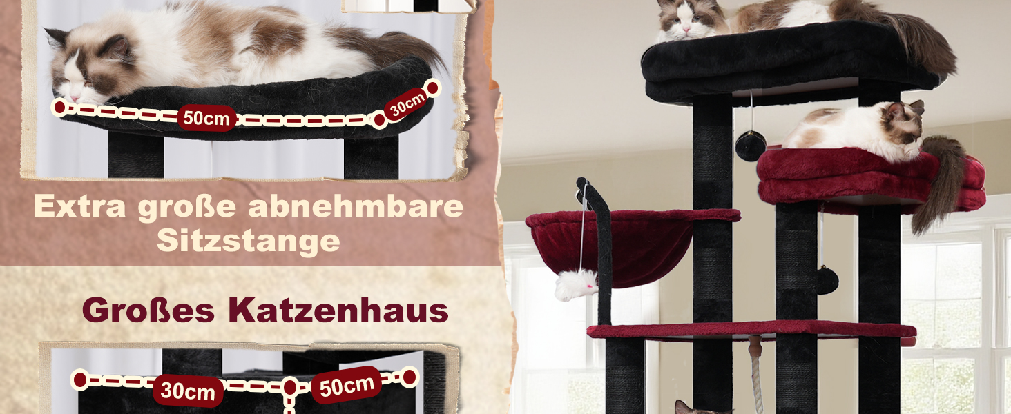Великий котячий будиночок Kratzbaum: стабільний, 200 см, з платформами, печерами, гамаком та сизалевими стовпчиками (GCT031W, чорний та червоний)