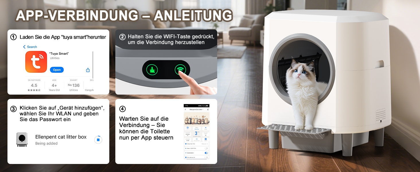 Автоматичний лоток для котів 90л з самоочищенням, контролем запаху, керуванням через додаток та 10 датчиками безпеки. Підходить для кількох котів, білий