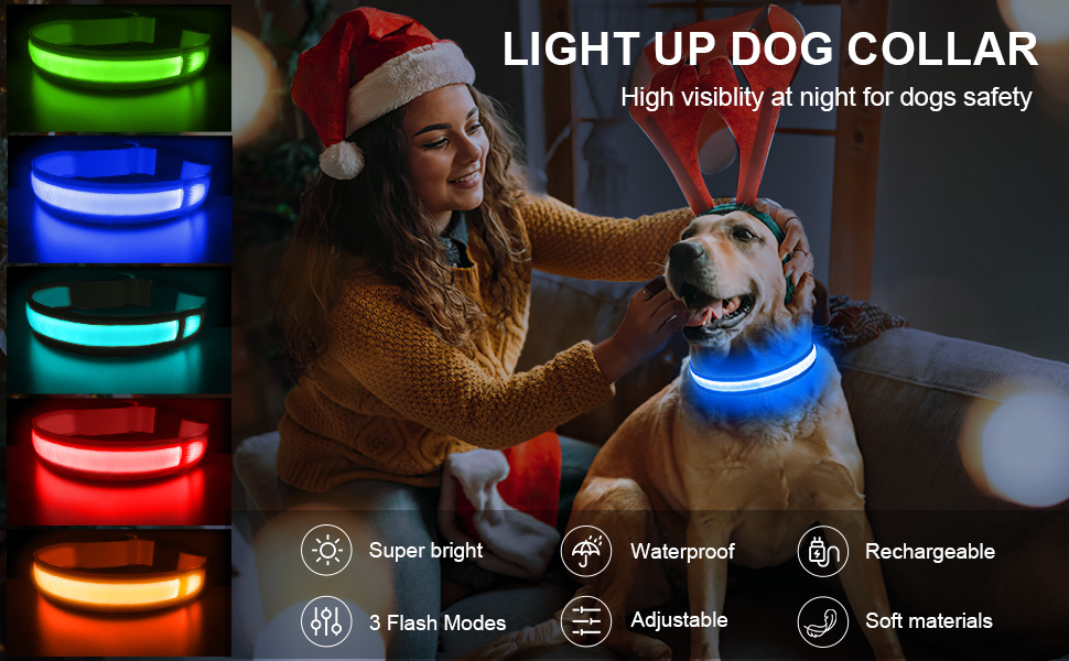 Світловідбиваючий нашийник для собак MASBRILL з LED, USB-C, регульований, водонепроникний, 3 режими світла, розмір M, колір зелений