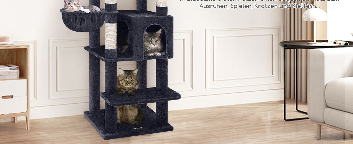 Драбина для котів Globlazer XXL, 188 см, з будиночком, платформами та кошиками. Стабільна, не перекидається, для великих котів. Темно-сірий (S74)