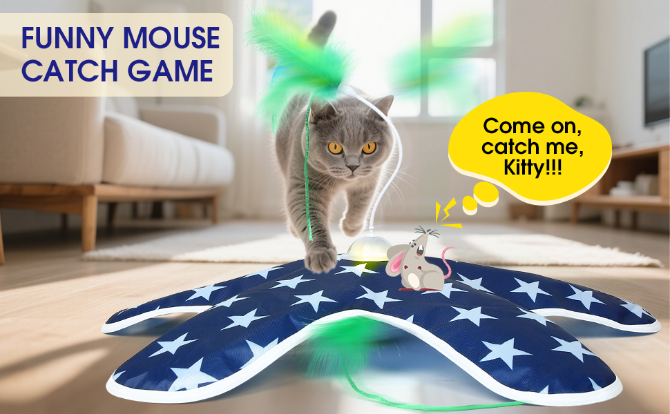 Інтерактивна іграшка для котів PUHOHUN: автоматична мишка з пір'ям, іграшка-палиця з пір'ям, синього кольору