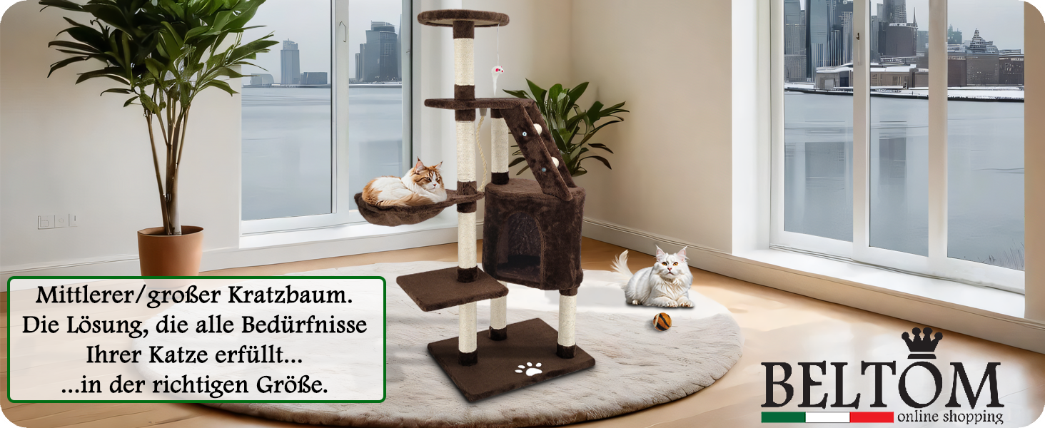 Дерев'яний кігтеточка для котів Beltom® з ігровим комплексом, 120 см, коричнева