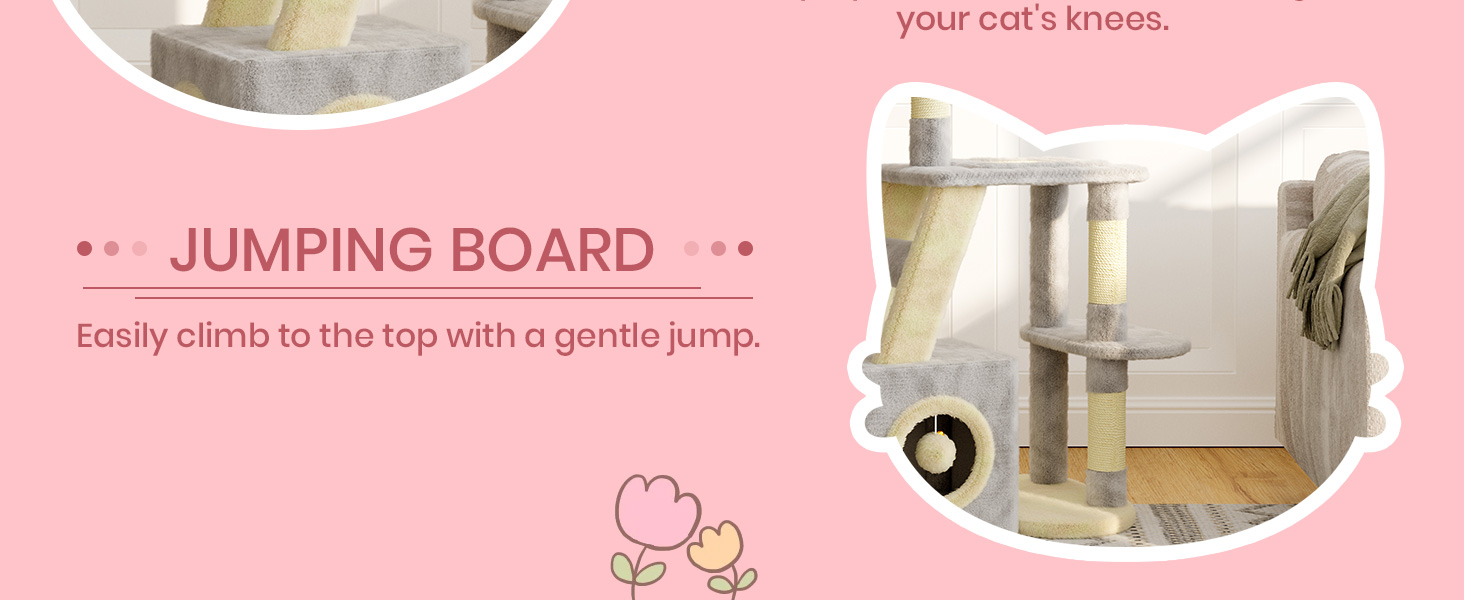 Клітка-когтеточка для котів Dogat 107 см, багатоярусна з когтеточкою, лежаком, будиночком та ігровим м'ячиком (сіра/бежева)