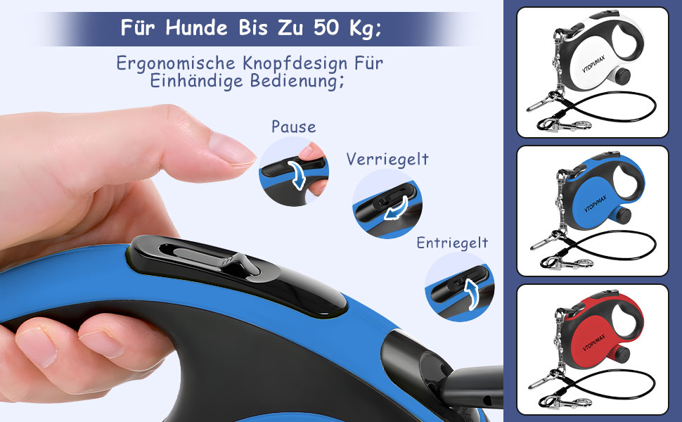 Висувна поводок для собак VTOPVMAX - для середніх та великих собак до 50 кг | Міцний поводок з безпечним кабелем, дозатор для відходів та гальмо однією рукою (Білий) Білий (8 м, Синій)