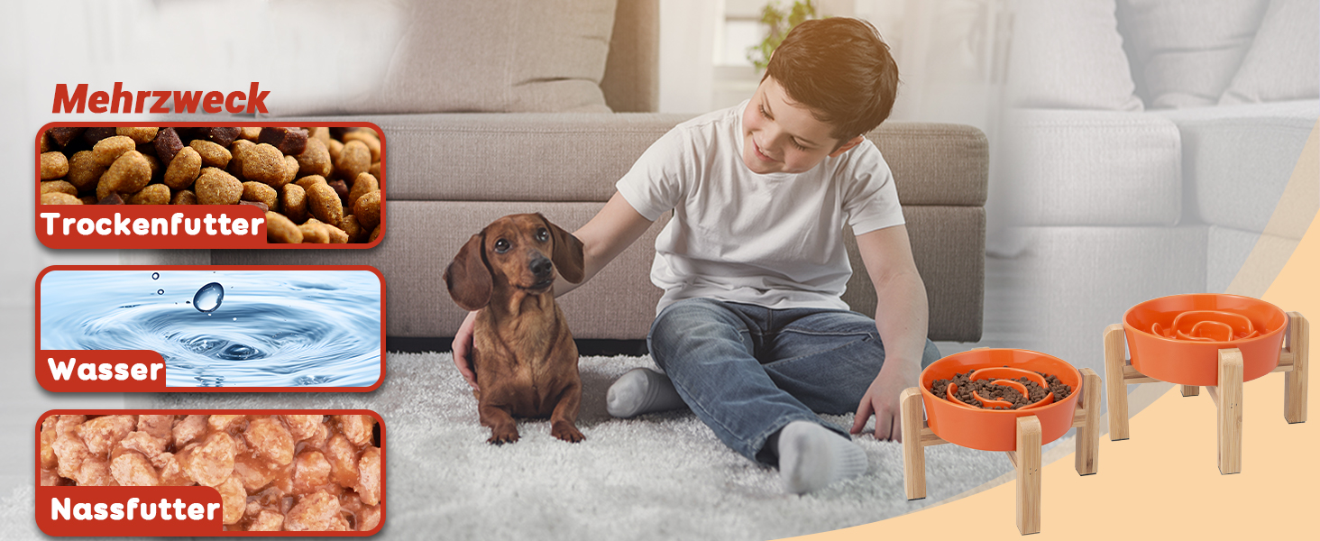 Антислизька годівниця для собак, кераміка, піднята - годівниця для собак на бамбуковому підставці, для повільного годування, для маленьких та середніх собак, білий, діаметр 17 см