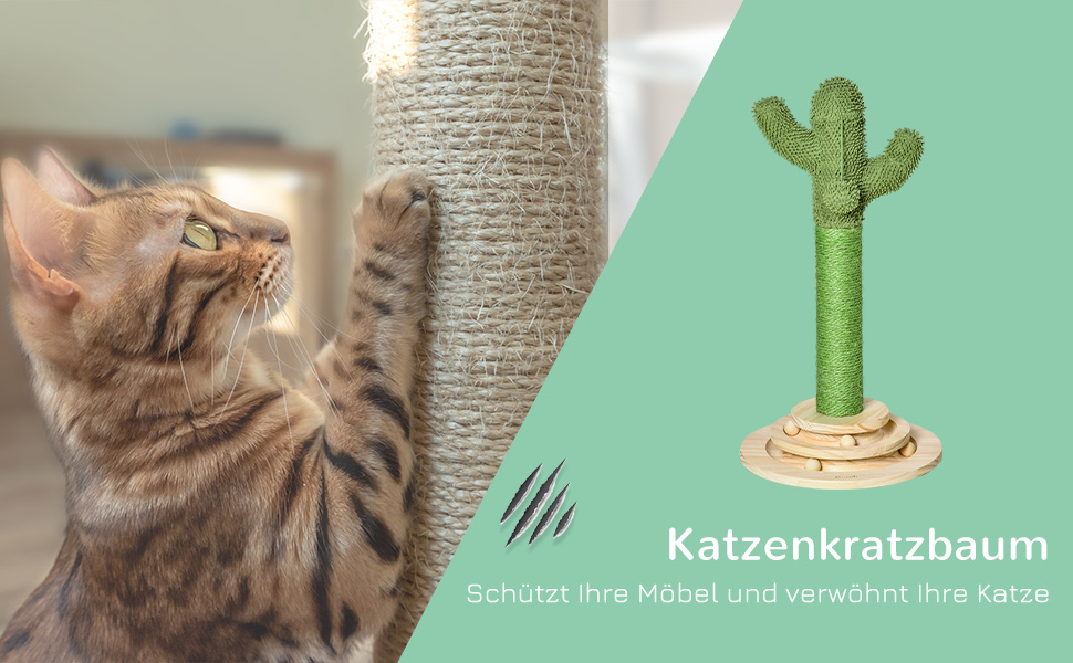 Котячий будиночок PawHut Kaktus - когтеточка-стовпчик з сизалю та деревини, з іграшками для котів, 60 см, зелений+натуральний колір
