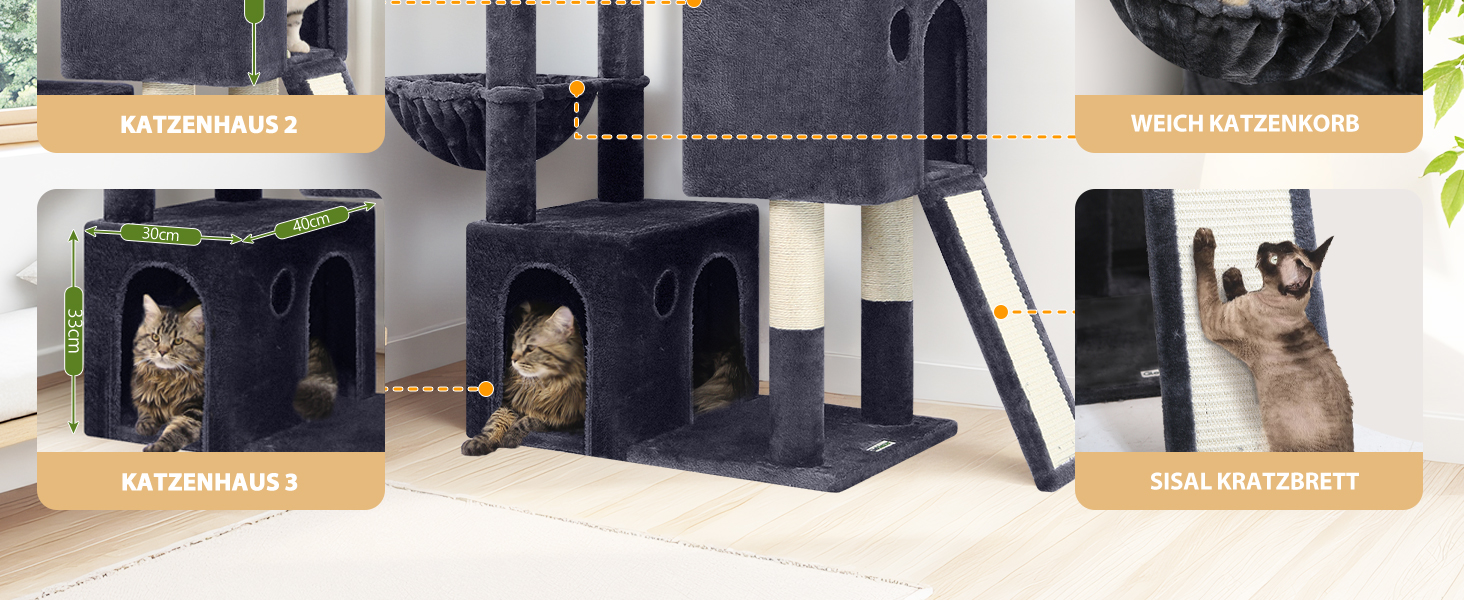 Дерево-кіготь Globlazer для котів на 2-4 котів з великою печерею, м'яким гніздечком, сходами з сизалю, іграшками, стабільним дизайном, висотою 133 см (XL, темно-сірий)