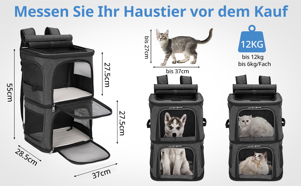 Рюкзак для котів та собак FASRIOU на 2 тварини до 12 кг, чорний, з матом та сіткою