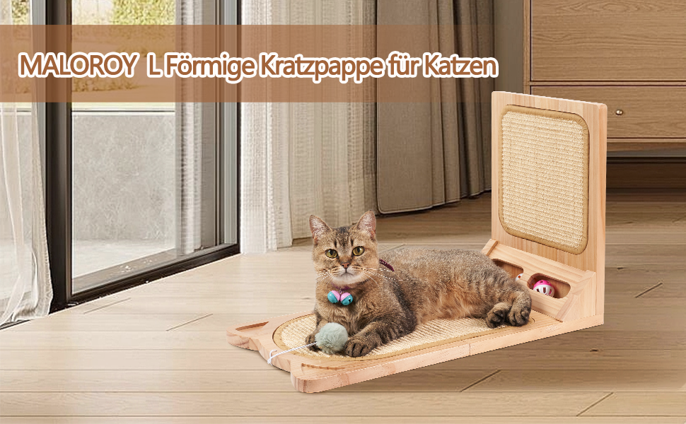 Котячий когтетоп MALOROY з масивного дерева, 58 см, L-подібний когтетоп з картону, стійкий, з іграшкою-м'ячиком, для стіни та кута
