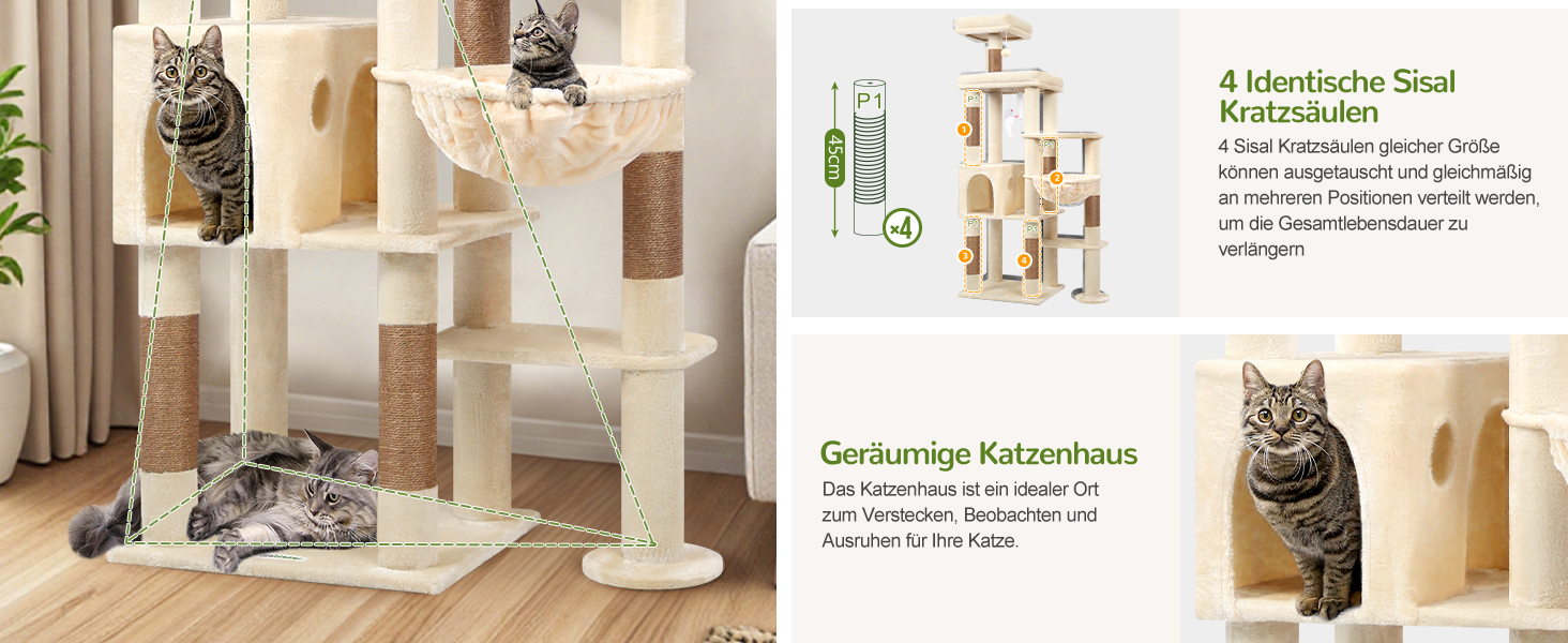 Дерев'яний комплекс для котів Globlazer XL, 167 см, бежевий: будиночок, когтеточка, платформа, іграшки для котів. Стабільний для 2-4 котів