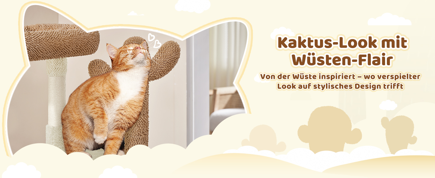 Дряпак для котів Yaheetech Kaktus, 106.5 см: стабільний, з оглядовою платформою та затишною печерею, оббитий сизалем, бежево-коричневий