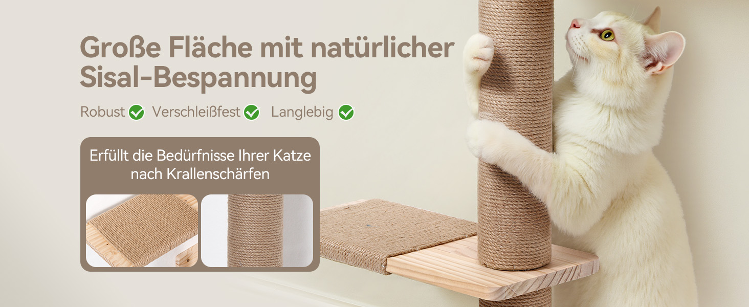 Кігтеточка PawGiant з 5 ярусів, кріпиться до стіни, 213 см, з сизалю, платформами, для котів середніх розмірів