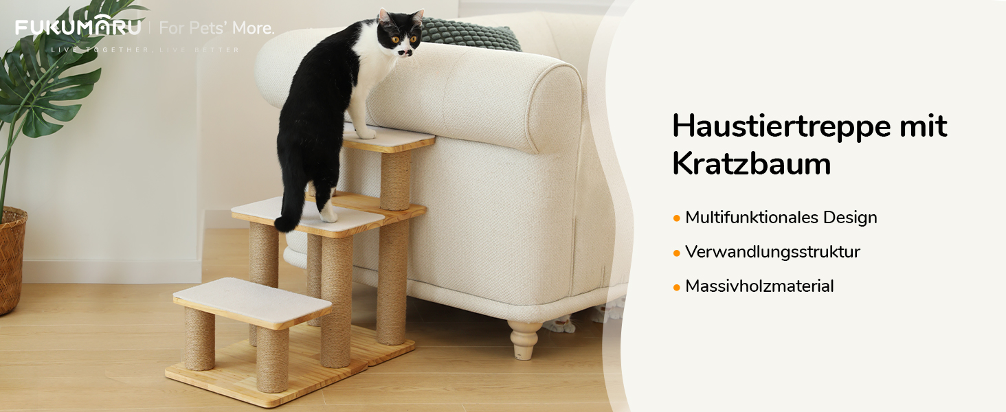 Сходинка для собак FUKUMARU, 3 сходинки, з дерева та джуту, регульована висота 18-51 см, вантажопідйомність до 90 кг, сірий колір