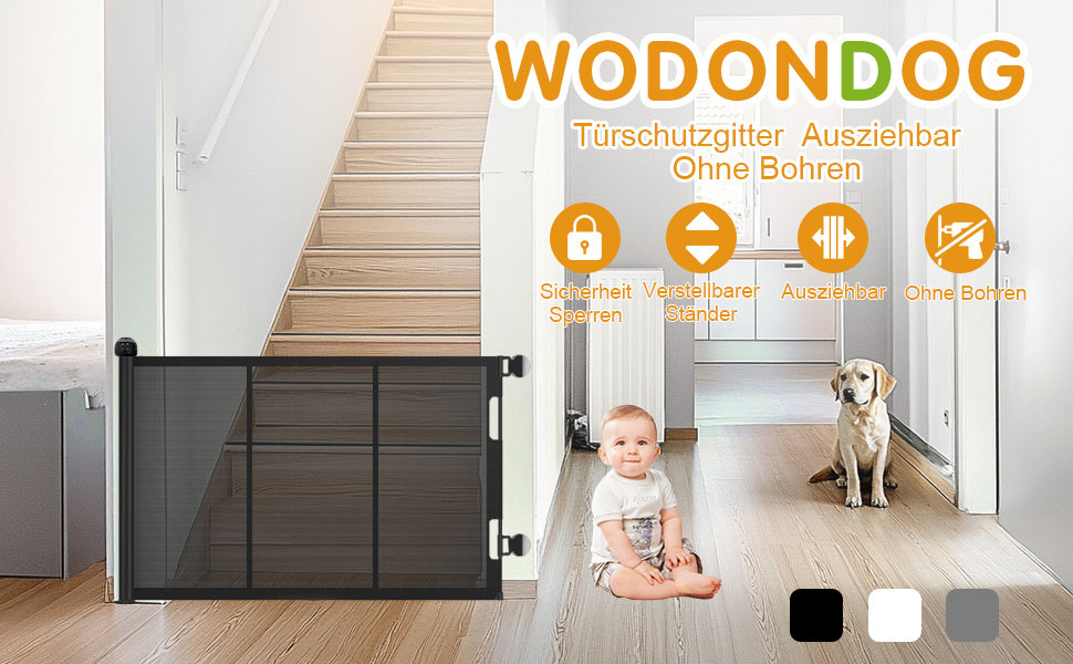 Захист для сходів з замком, розтяжний захист для дітей та собак, ширина 150 см, висота 83 см (140 см/білий, без свердління, автоматичний замок)