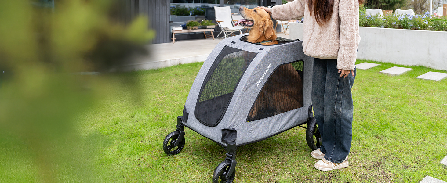 Візок для собак EchoSmile для середніх та великих собак до 70 кг, сірий, складний, з сітчастими віконцями та регульованою ручкою, 4 проходимі колеса