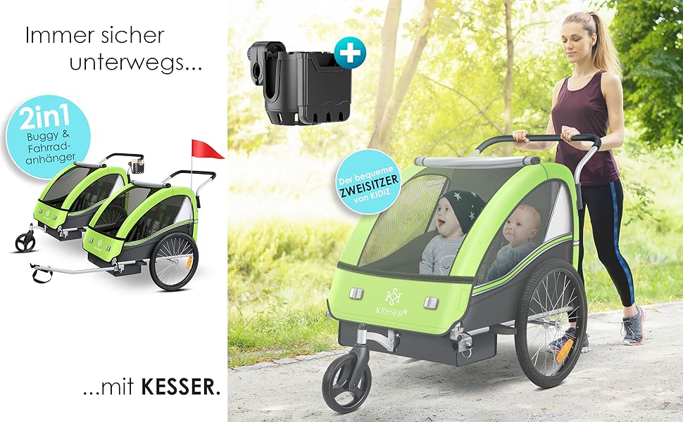 Дитячий велопричіп KESSER Sport-RX 2в1 (візок/велопричіп) для 1-2 дітей, 360° обертання, 5-точкова система кріплення, світловідбивачі, тримач для напоїв та смартфон (світло-зелений)