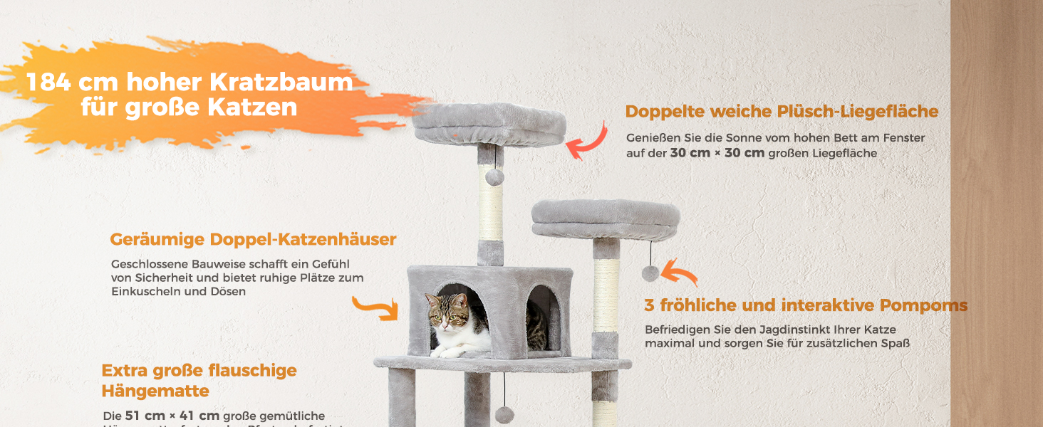 PAWZ Road Драбина-кіготь для великих котів, 184 см, сіра, з сизалевим покриттям, 2 стійки, будиночок та кошик