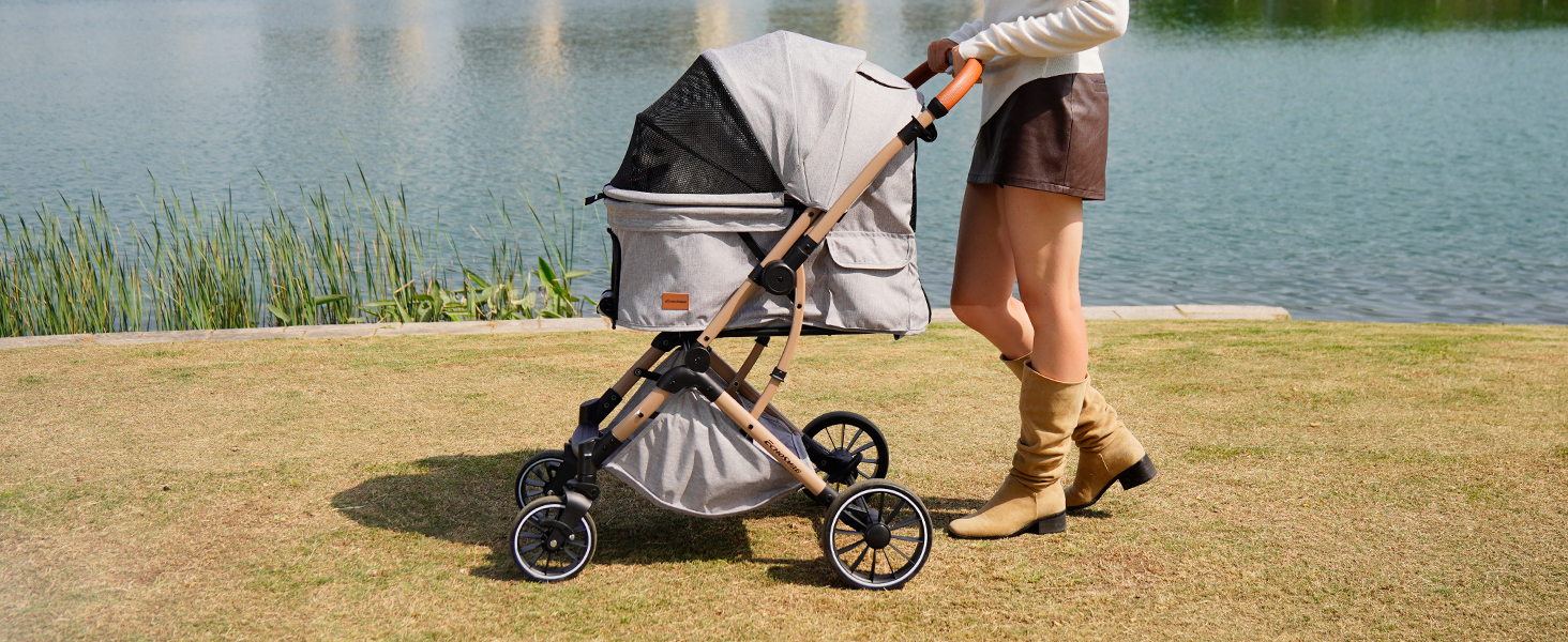 Візок для собак EchoSmile, складаний, до 20 кг, для маленьких та середніх собак та котів, з регульованою ручкою, амортизаторами та знімним чохлом (сірий)