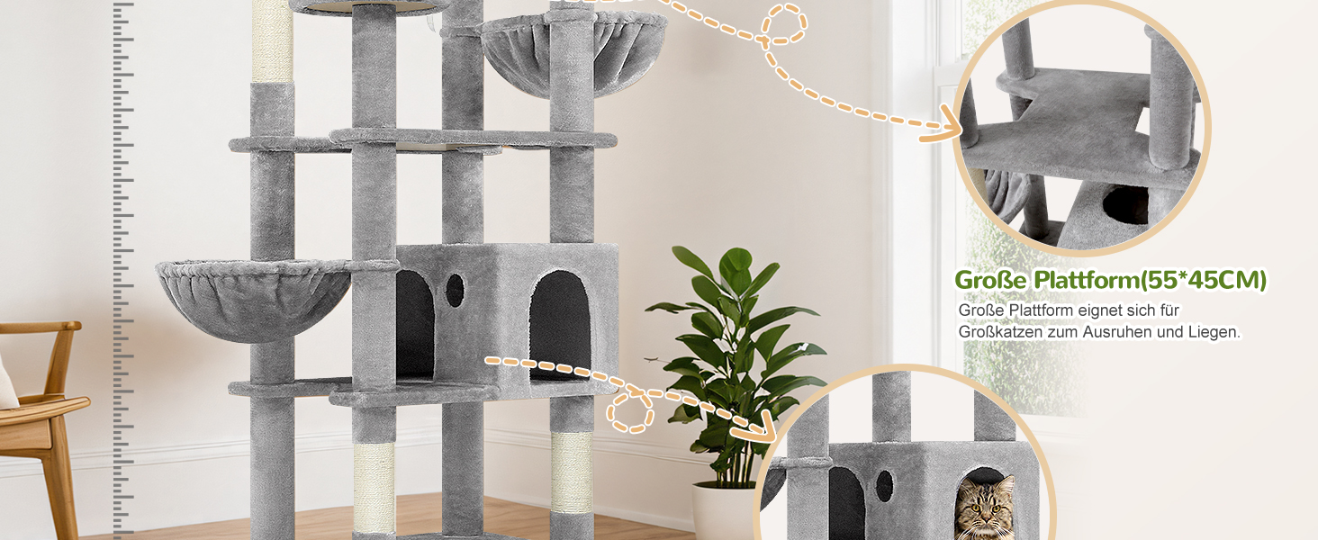 Драбина-кіготь Globlazer XXL 209 см з 3 м'якими стійками, 2 будиночками, 2 кошиками, великою платформою та іграшками для котів. Стабільна, для 3-5 котів.