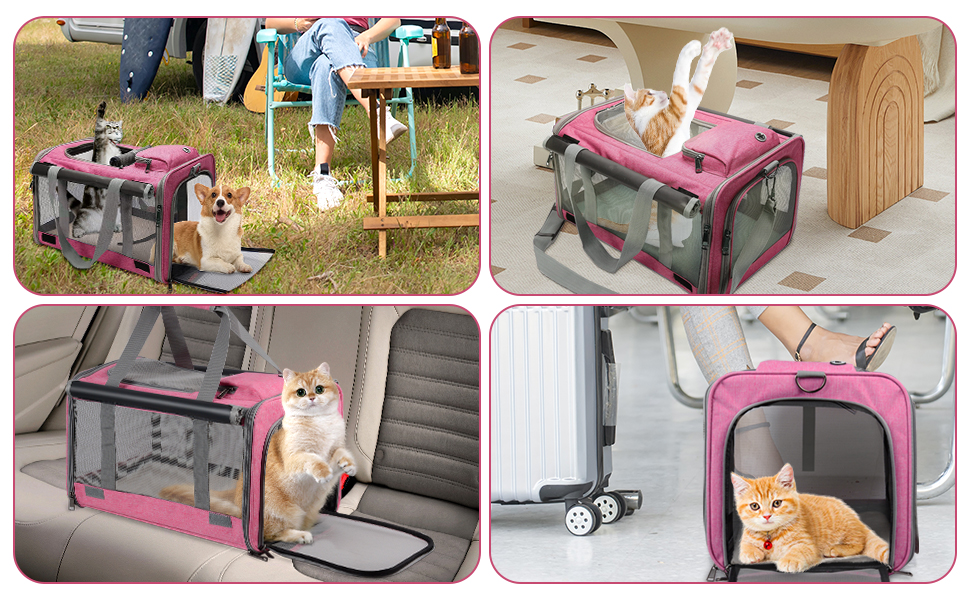 Транспортна сумка для котів та собак Qoosea, складана переноска для тварин з регульованим ремінцем, сітчаста переноска для кошенят та маленьких собак, для дому та подорожей (рожева)