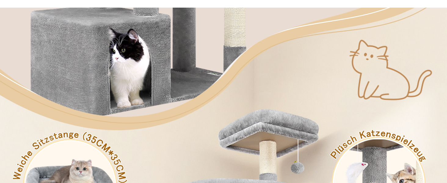 Драбина для котів Globlazer XXL 193 см з будиночком, гамаком, платформами та іграшками. Стабільна для 3-5 котів. Сірий колір.